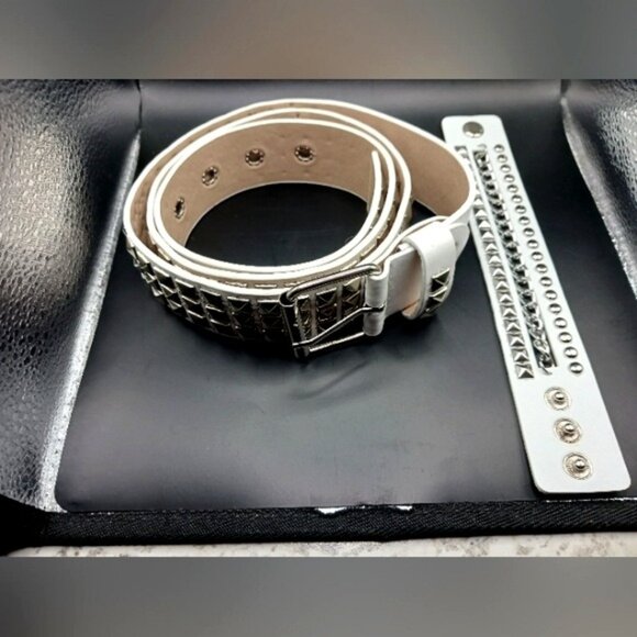Studded White Belt Vegan Leather + Goth White Stud and Chain Leather Bracelet - Picture 1 of 13